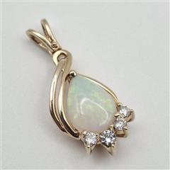 14K Yellow Gold Elegant Pear Cabochon Opal & Diamond Accent Teardrop Pendant